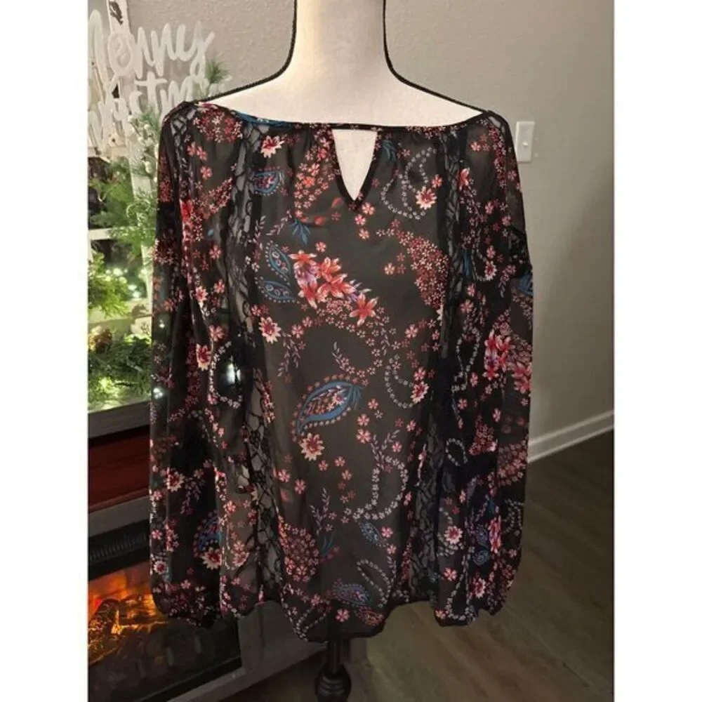 Boutique sheer‎ women's 1x black floral NWT blouse long sleeve